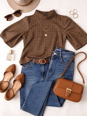 NWT Democracy Brown Plaid Mock Neck Pleated Elbow Sleeve Blouse